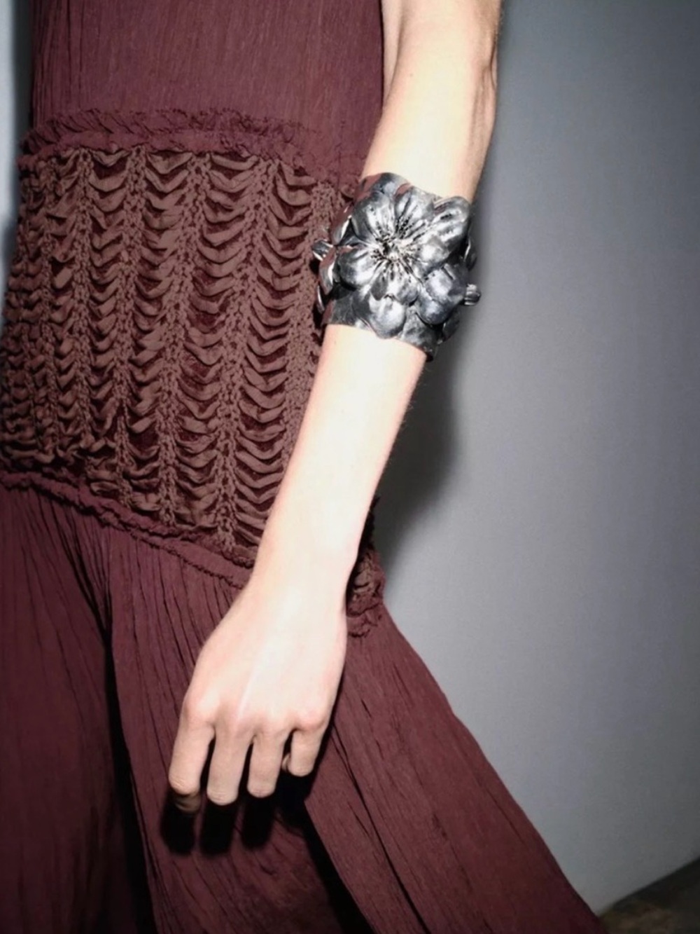 Zara Floral Metal Cuff Bracelet - Silver